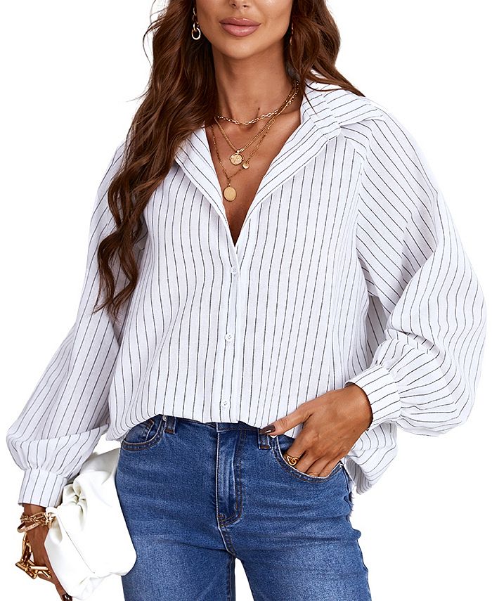 CUPSHE Women's Analia Long Sleeve Black Pinstripe Blouse Macy's
