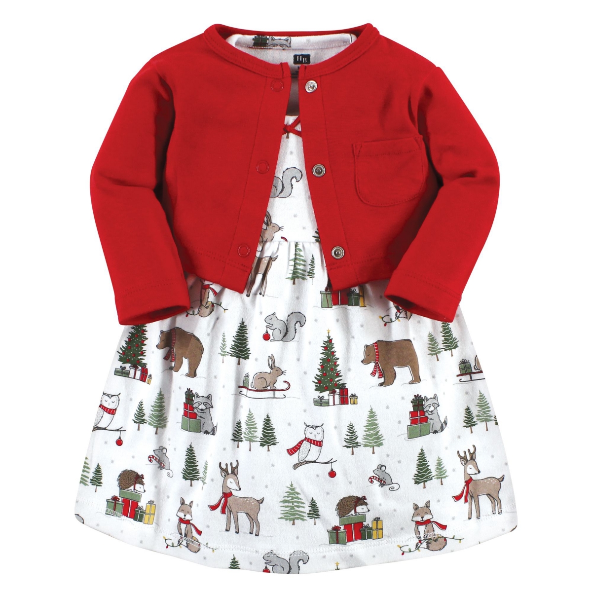 Hudson Baby Toddler Girls Cotton Dress and Cardigan 2pc Set,- Red winter forest