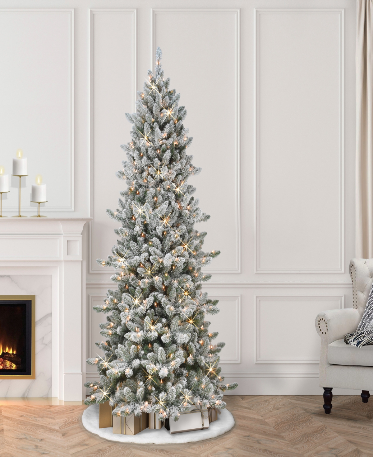 Puleo 6.5ft Pre-lit Slim Flocked Royal Majestic Artificial Spruce Tree In Green