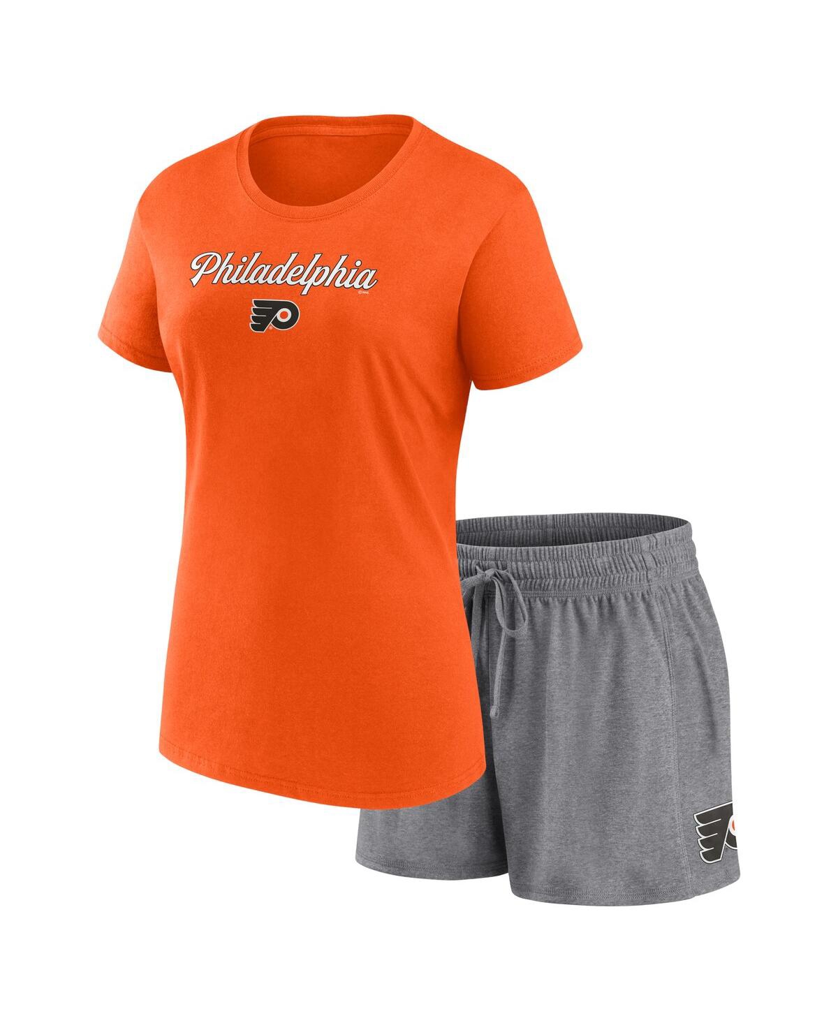 Fanatics Women's  Orange, Heather Gray Philadelphia Flyers Script T-shirt And Shorts Set In Orange,heather Gray