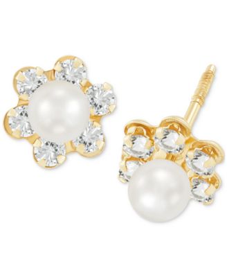 Children's Cultured Freshwater Pearl (3-3/4 mm) and Cubic Zirconia Stud Earrings in 14k Gold