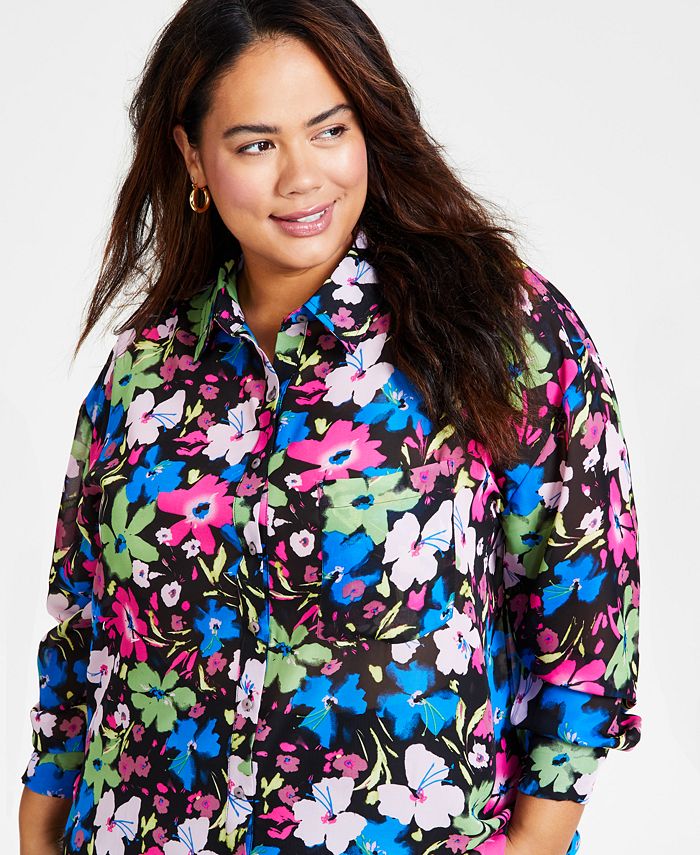 Floral Unique Print Button Down Oversized Blouse