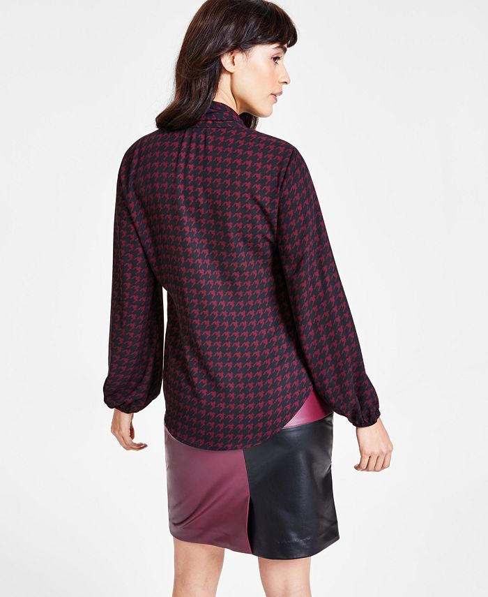 Bar III Women's Houndstooth TieNeck LongSleeve Blouse, Created for