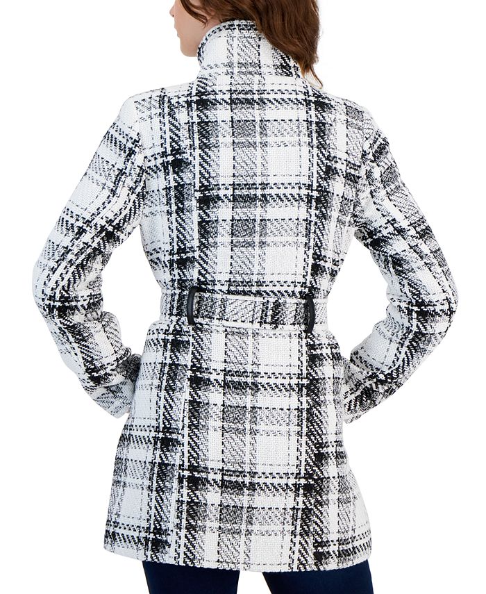 BCX Juniors' Belted Double-Breasted Plaid Long-Sleeve Coat - Macy's