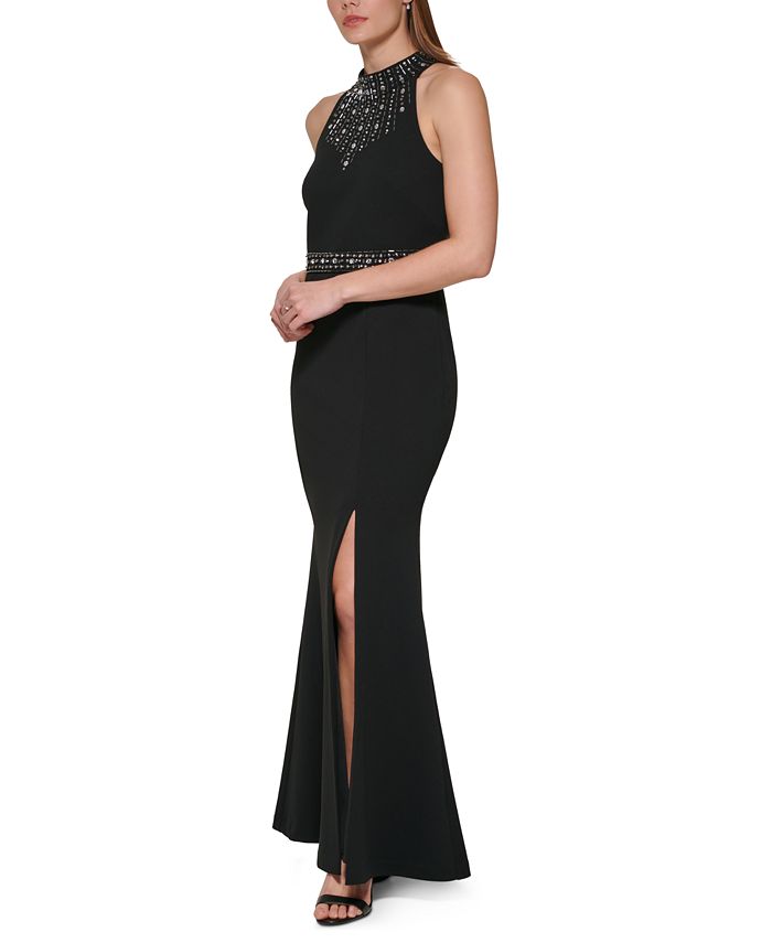 Beaded Floral Halter Column Gown With Mock Neck In Black Multi main image 0