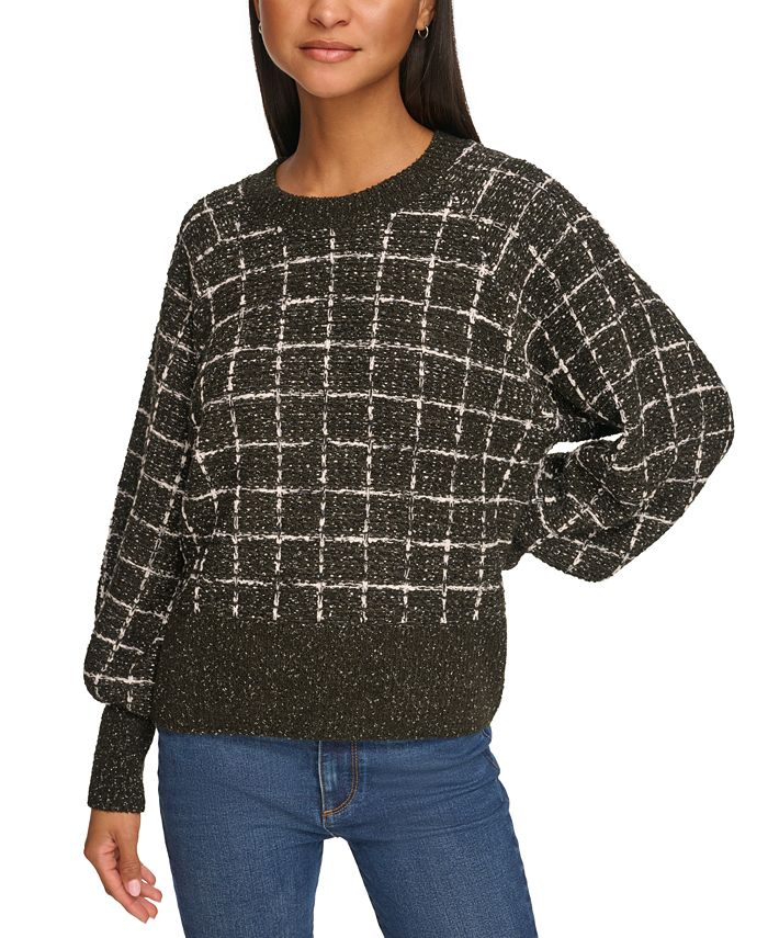 KARL LAGERFELD PARIS Women's Tweed Plaid Crewneck Sweater - Macy's