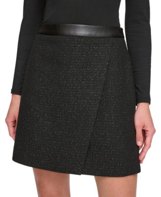 Women's Lurex Tweed Faux-Leather-Trim A-Line Skirt