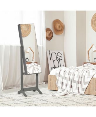 60" Mirrored Standing Jewelry Lockable Cabinet w/ 4-Tier Storage, Grey