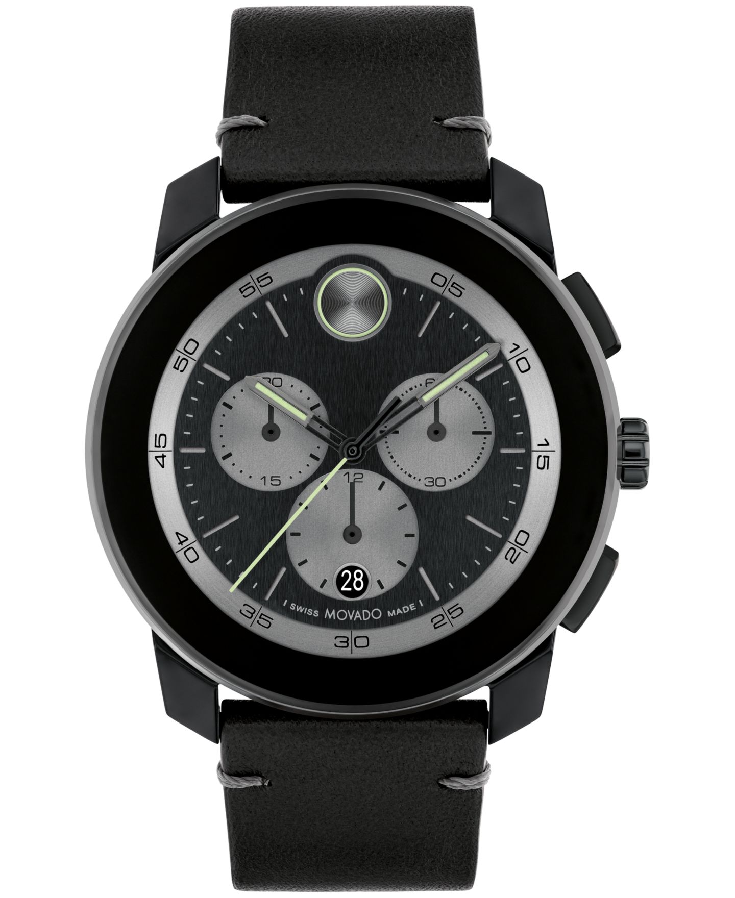 Часы Movado Bold TR90, швейцарский кварцевый хронограф, чёрный кожаный ремешок, 44 мм — фото 1