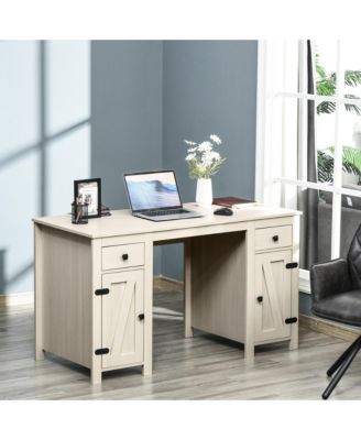Farm Style Home Office Computer Desk with 2 Drawers and 2 Cabinets, White