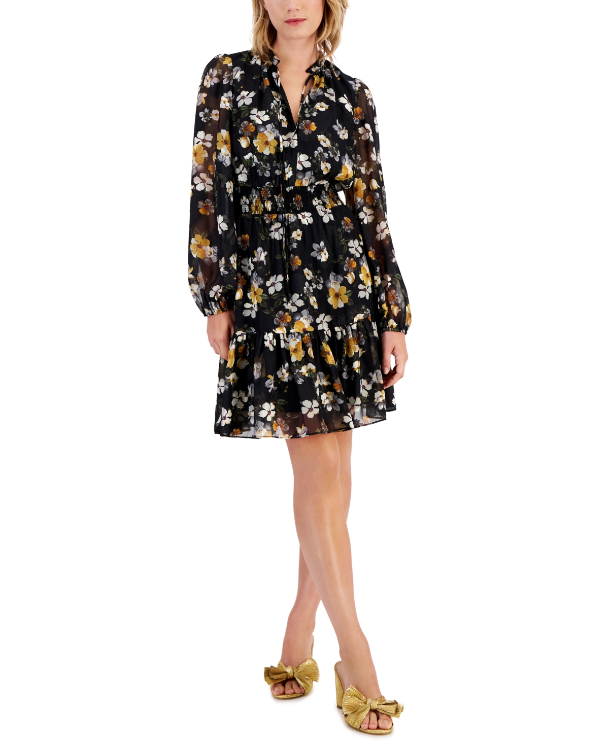 Women's Dallas Floral-Print Smocked-Waist Tie-Neck Sheer-Sleeve Dress - Black Floral