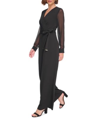 Women's Long-Chiffon-Sleeve Scuba Crepe Jumpsuit 