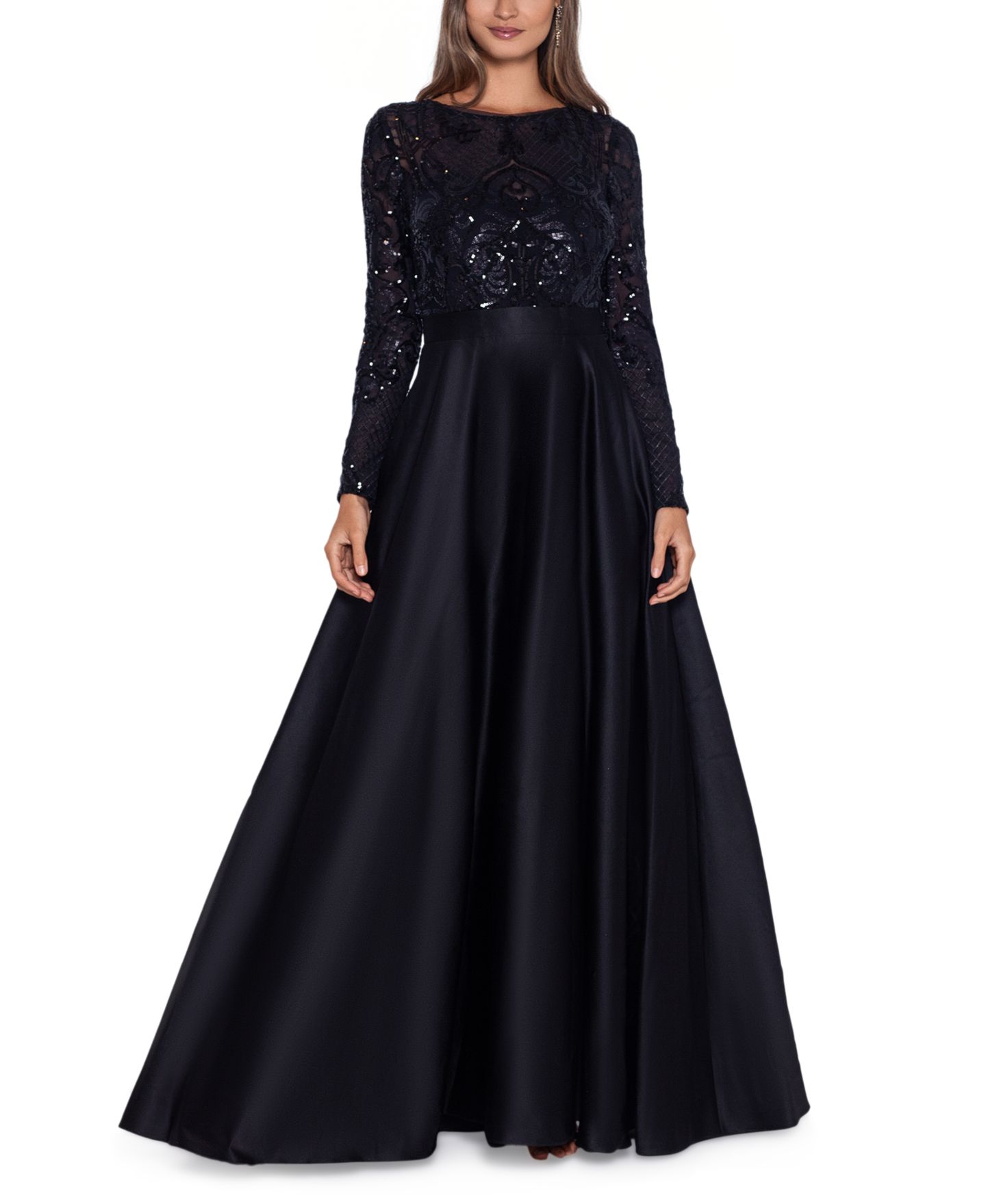 Женское платье Betsy & Adam Embroidered-Bodice Combo Gown, цвет: Чёрный — фото 1
