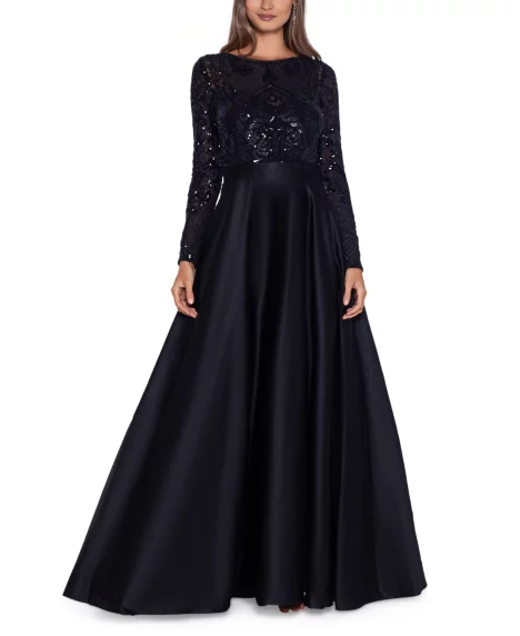 Petite Sequin-Bodice Long-Sleeve Ball Gown - Black