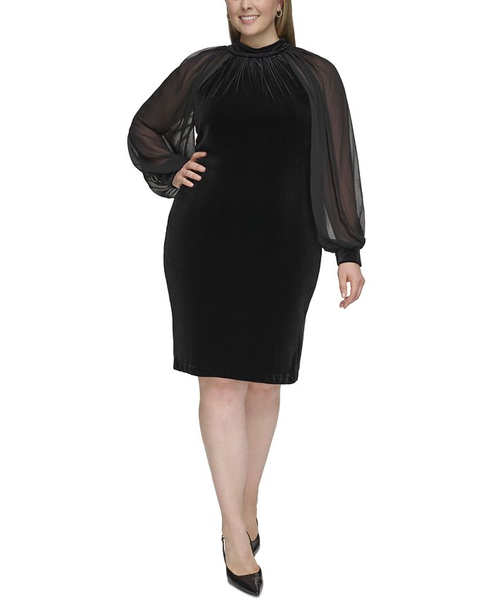 Calvin Klein Plus Size Velvet Chiffon-Sleeve Sheath Dress - Macy's