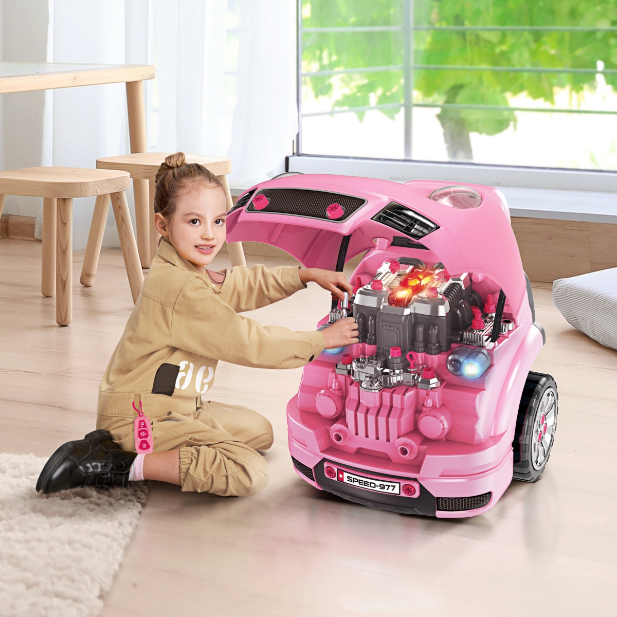 Qaba Mechanic Kids Truck Engine Toy Set, Car Service Playset, Engine Disassembly Play Workshop, Includes 61 Pieces, Steering Wheel, Horn, Light for 3