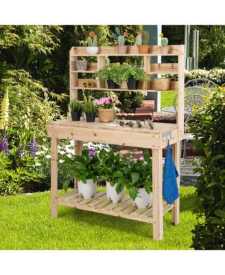 Potting Bench Table Wooden Garden Work Bench Platform with Display Rack Hidden Sink