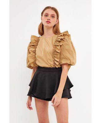 Women's Double Ruffle Poplin Puff Sleeve Blouse