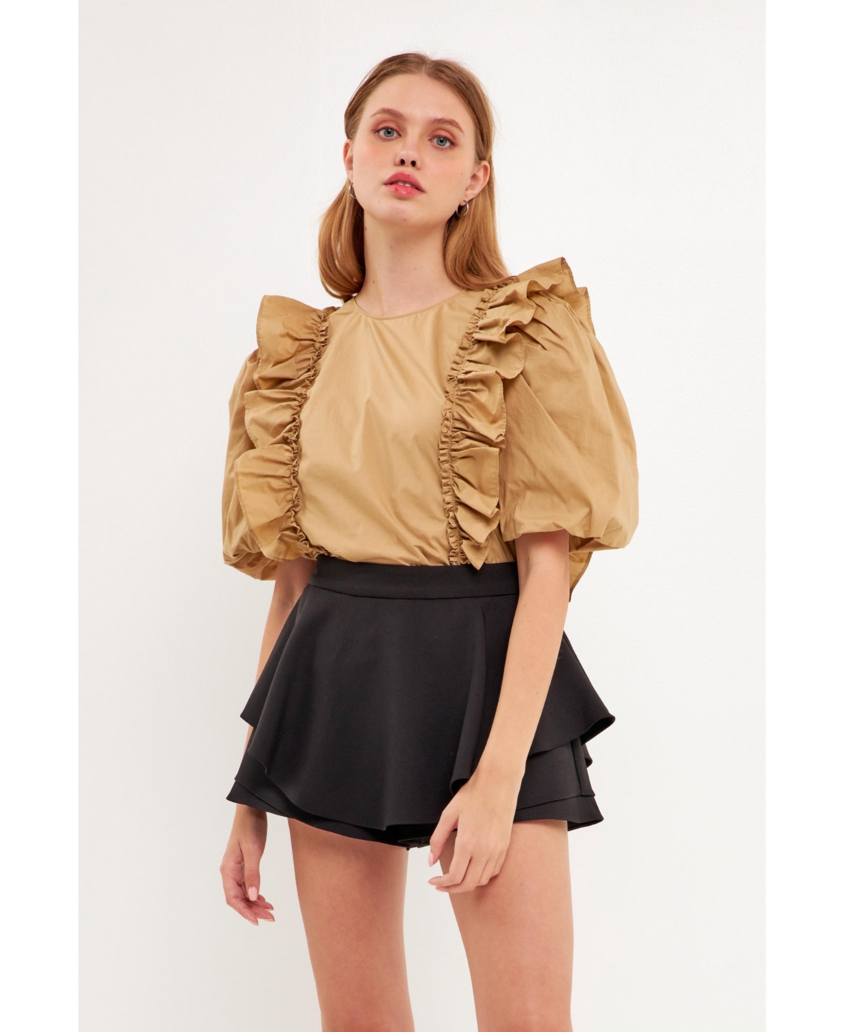 English Factory Women's Double Ruffle Poplin Puff Sleeve Blouse