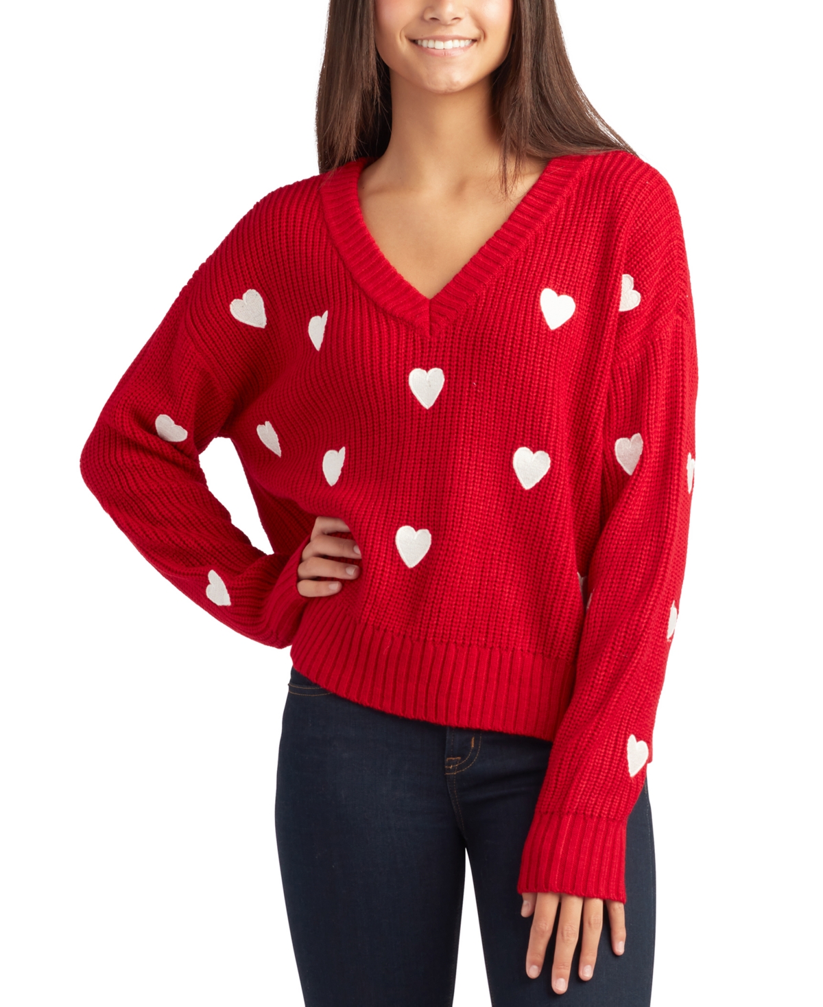 Bcx Juniors' Heart-print V-neck Sweater In Red
