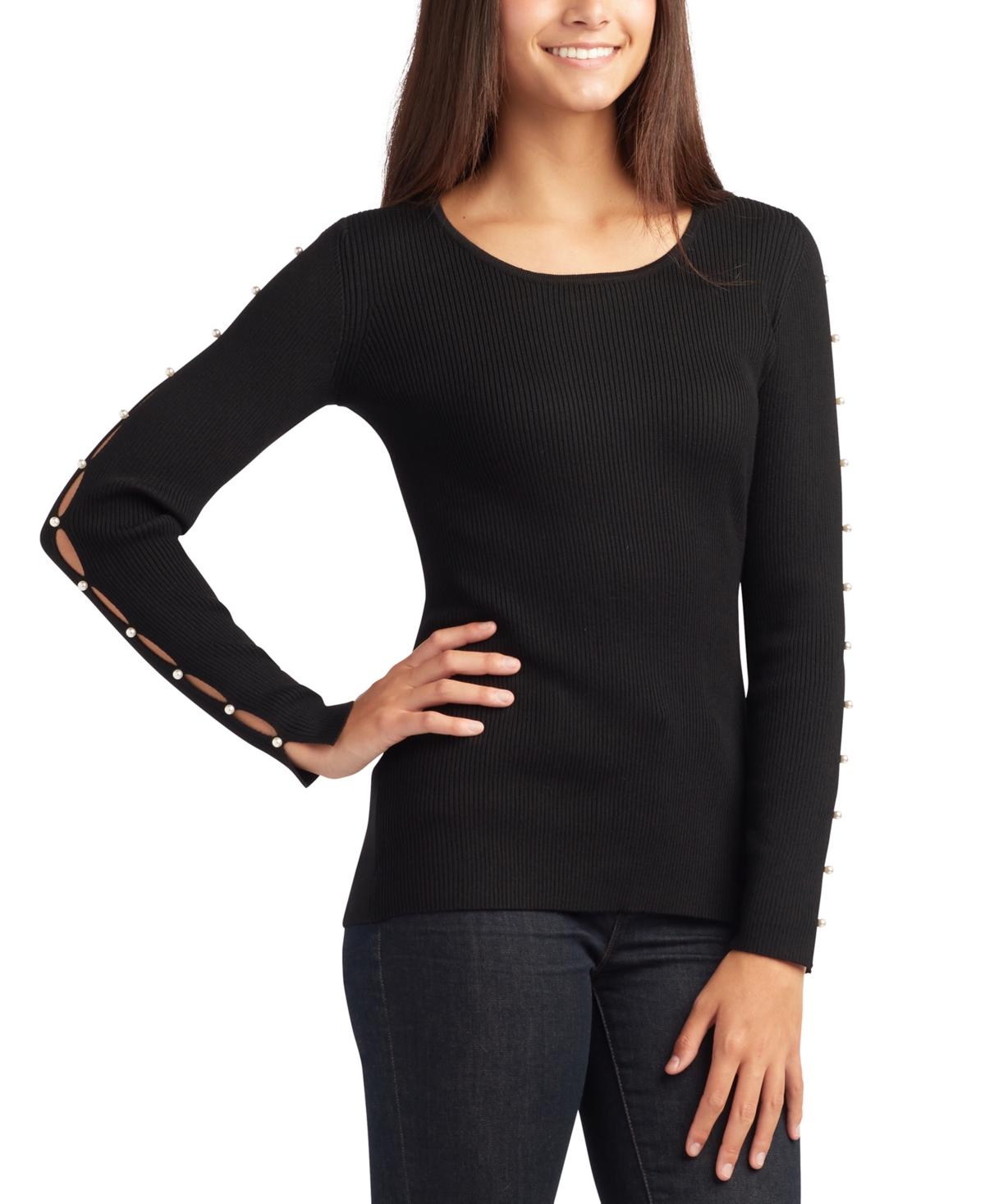 Shop Bcx Juniors' Imitation-pearl-trim Sweater In Black