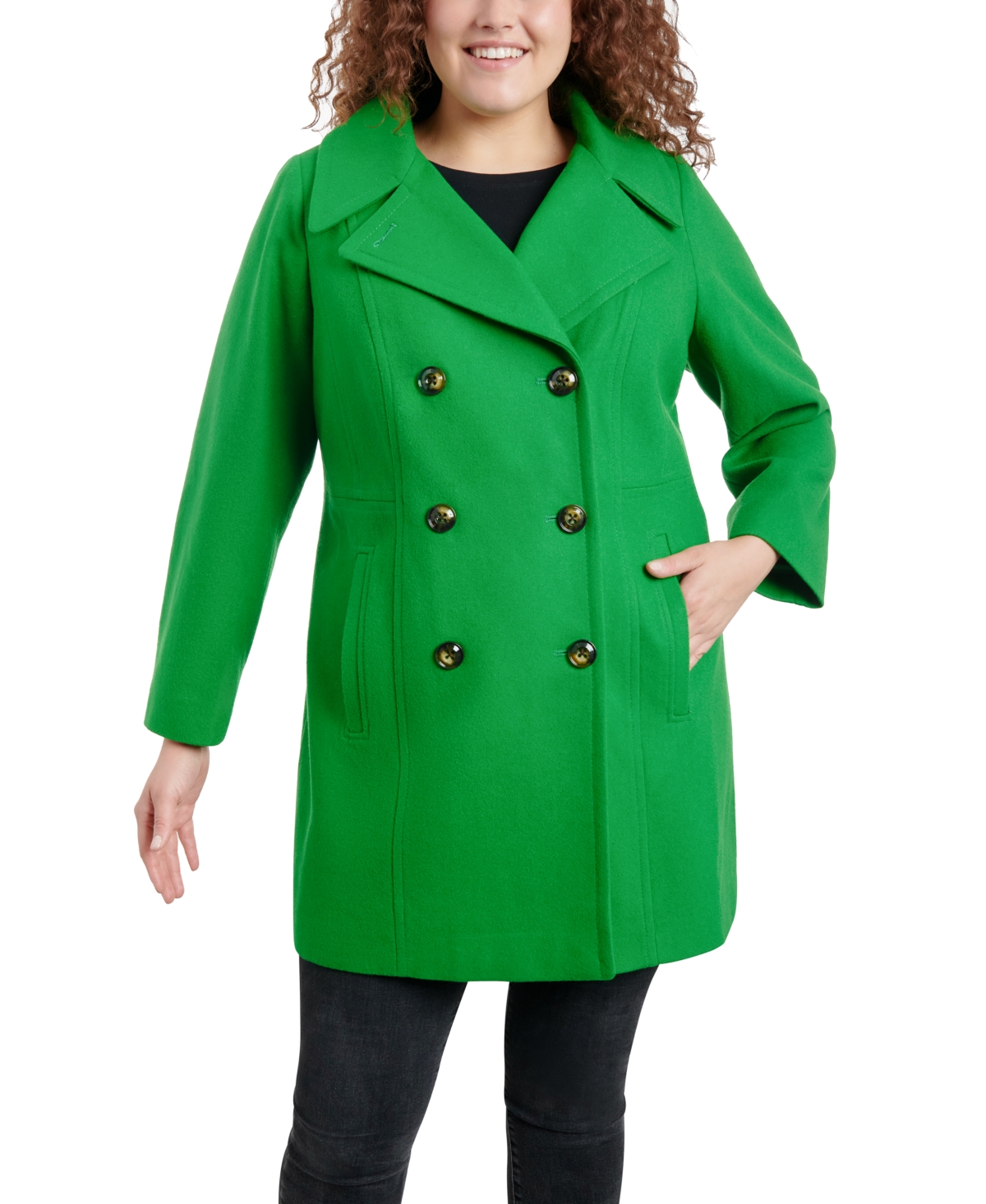 Shop Anne Klein Women's Plus Size Notched-collar Double-breasted Peacoat, Created For Macy's In Emerald Green