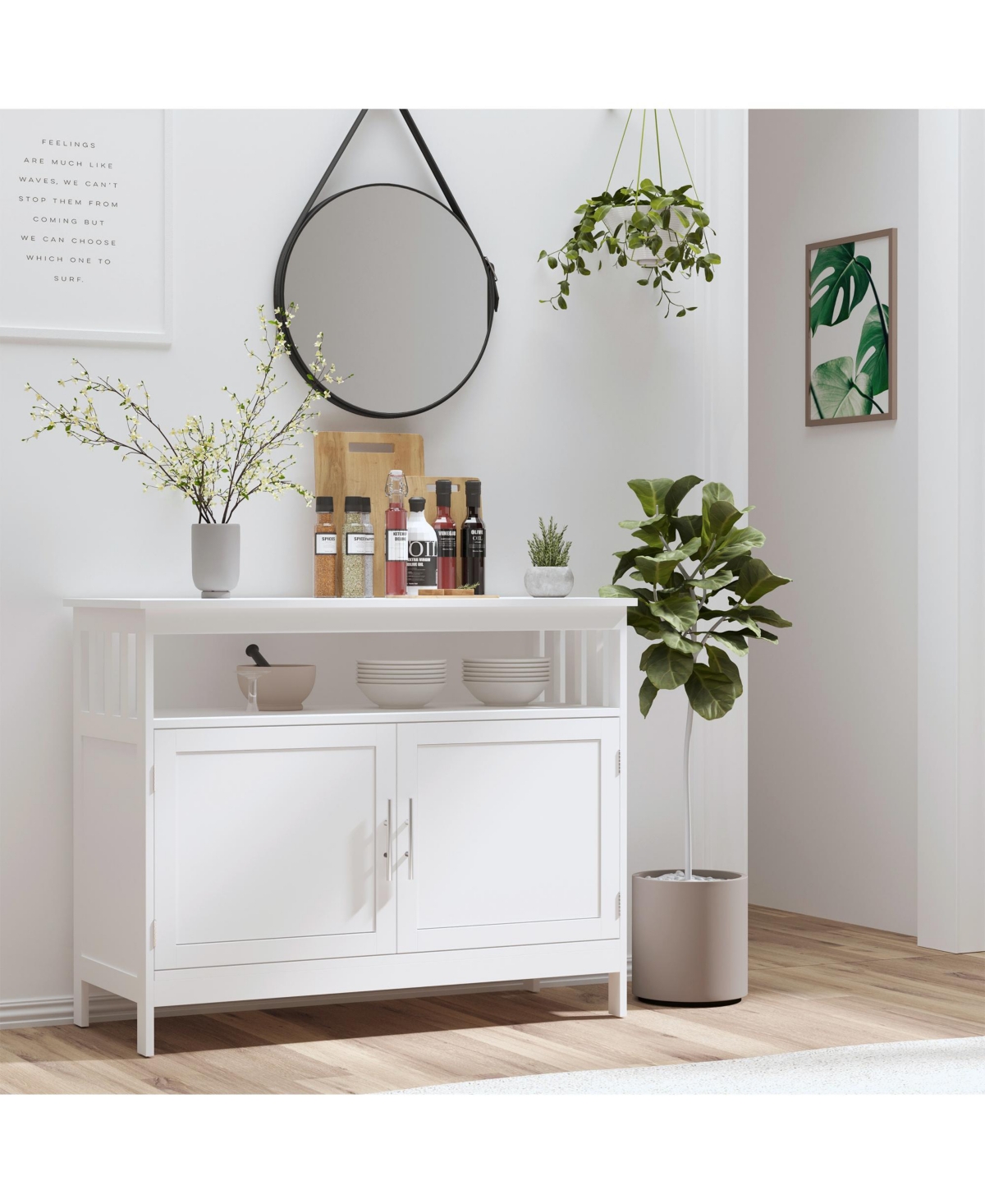 Homcom Sideboard Buffet Cabinet, Modern Kitchen Cabinet, Coffee Bar Cabinet with 2-Level Shelf and Open Compartment,- White