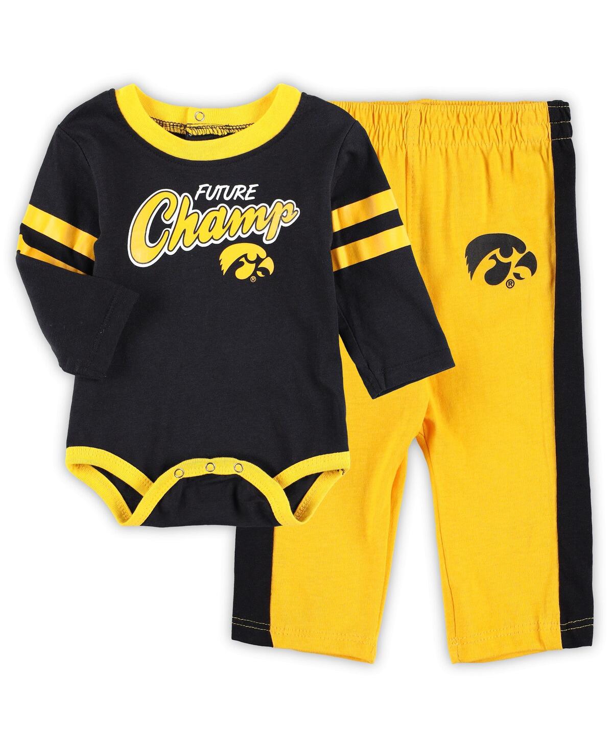 Shop Outerstuff Newborn And Infant Boys And Girls Black, Gold Iowa Hawkeyes Little Kicker Long Sleeve Bodysuit And S In Black,gold