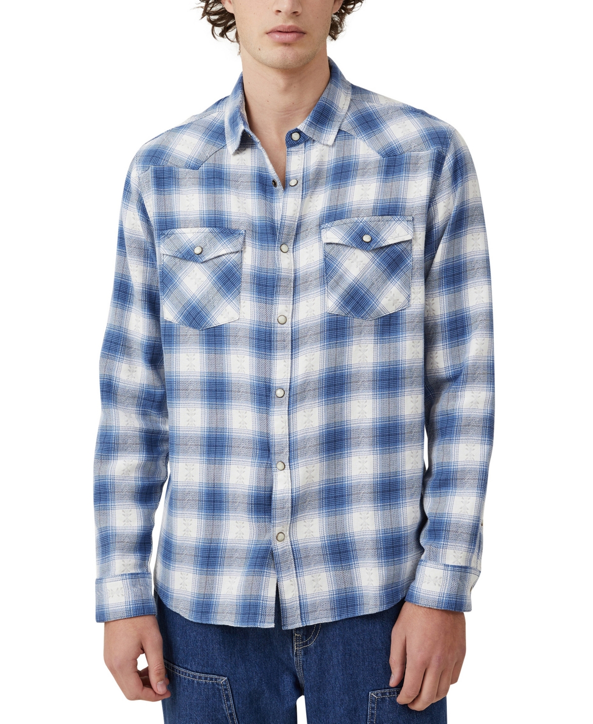 Cotton On Men's Dallas Long Sleeve Shirt In Blue Ranch Check