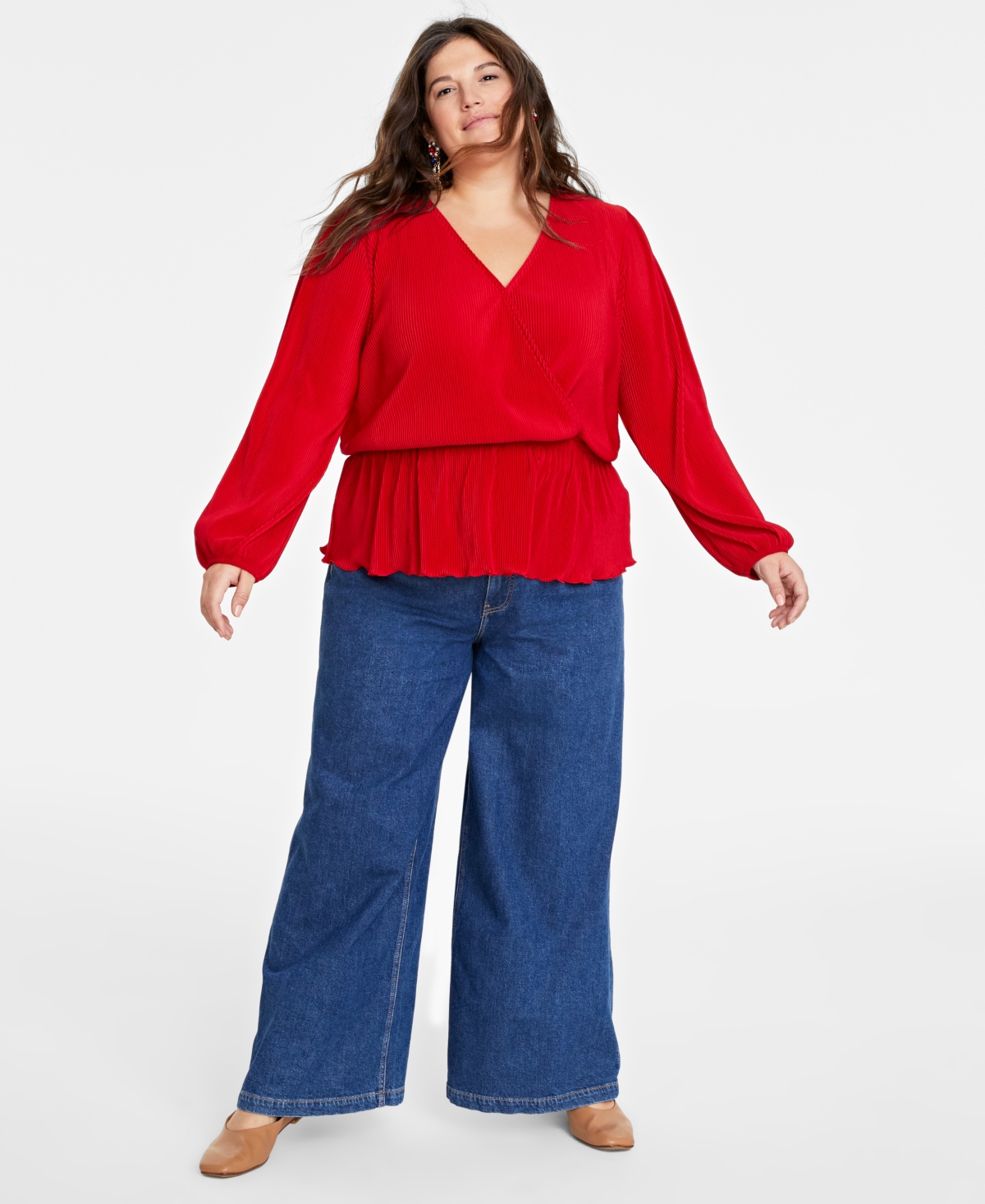 On 34th Plus Size Plisse Surplice-neck Peplum Top, Created For Macy's In Equestrian Red