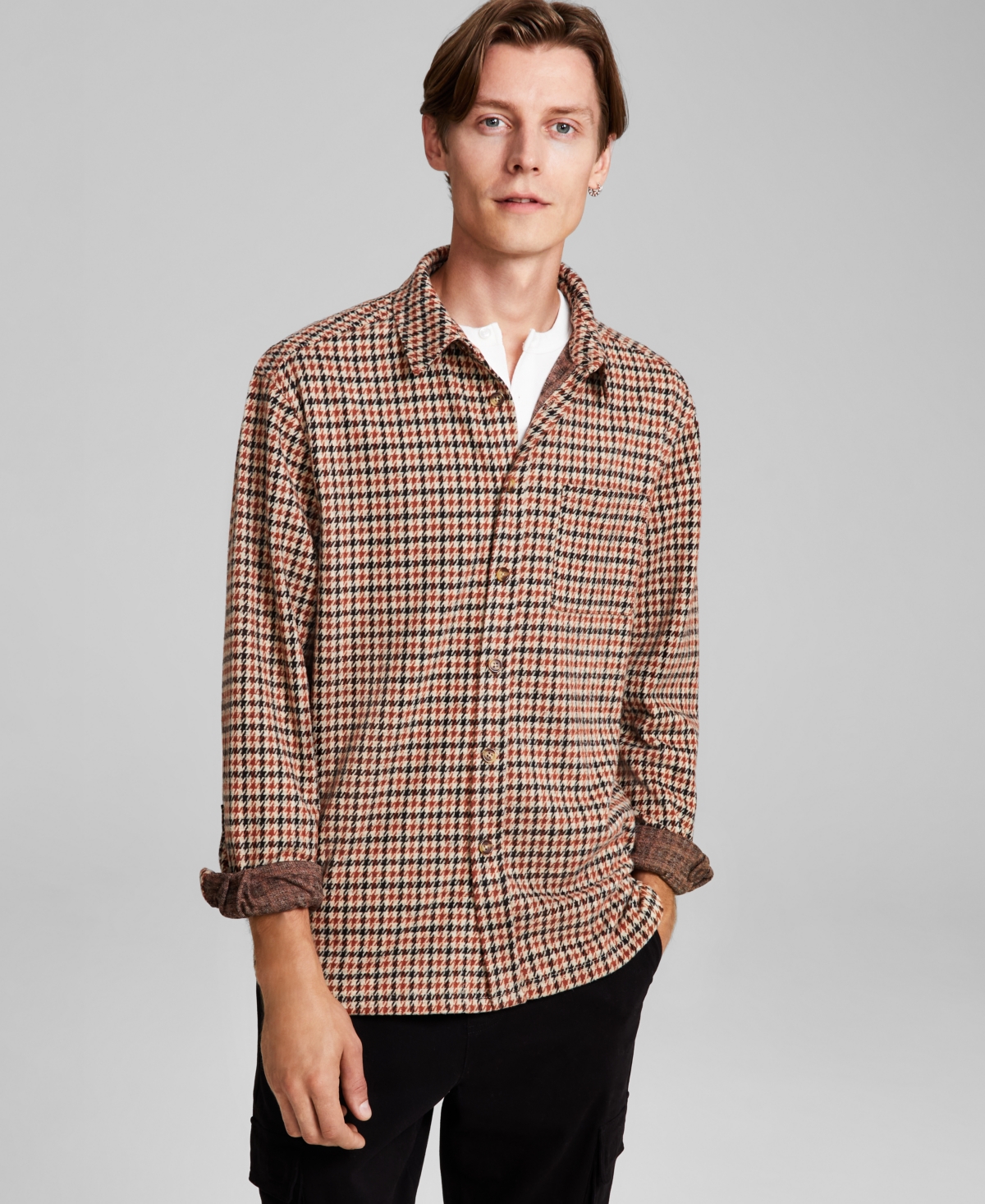 Men's Regular-Fit Houndstooth Button-Down Shirt, Created for Macy's - Houndstooth