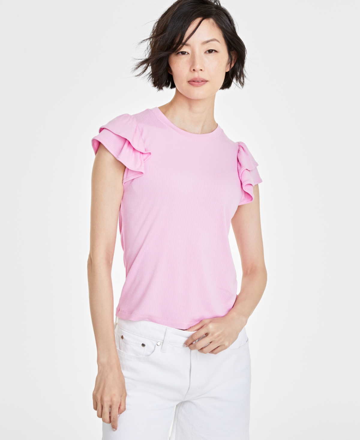 On 34th Women's Flutter-sleeve Ribbed Top, Created For Macy's In Bonbon