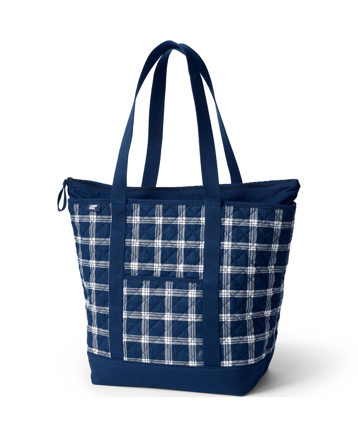 Large Classic Quilted Tote Bag - Navy/ivory founders plaid
