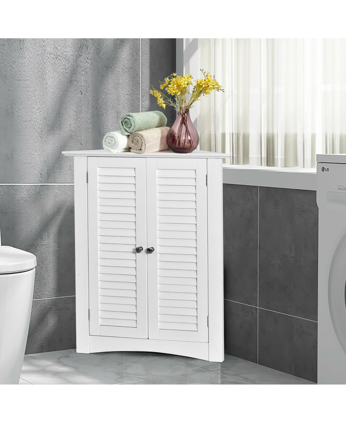 Corner Storage Cabinet Freestanding Floor Cabinet Bathroom w/ Shutter Door