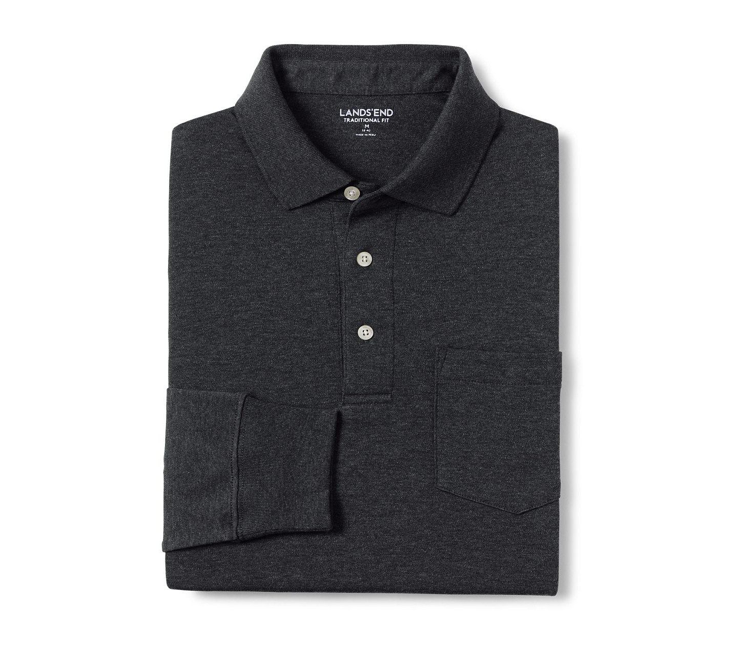 Мужское поло Lands' End Long Sleeve Cotton Supima Polo Shirt with Pocket, цвет: Тёмный угольный меланжевый — фото 4