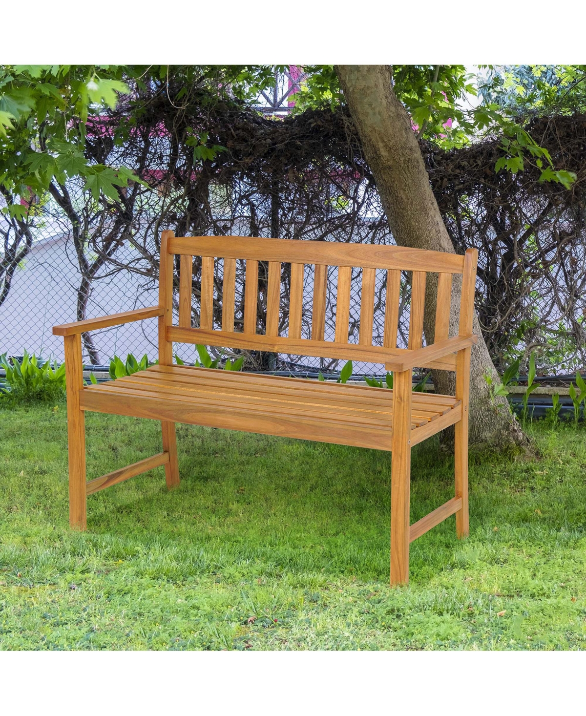 Costway Patio Acacia Wood Bench 2-Person Slatted Seat Backrest