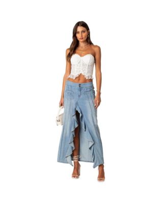 Edikted Women's Valencia Ruffle Slitted Denim Maxi Skirt