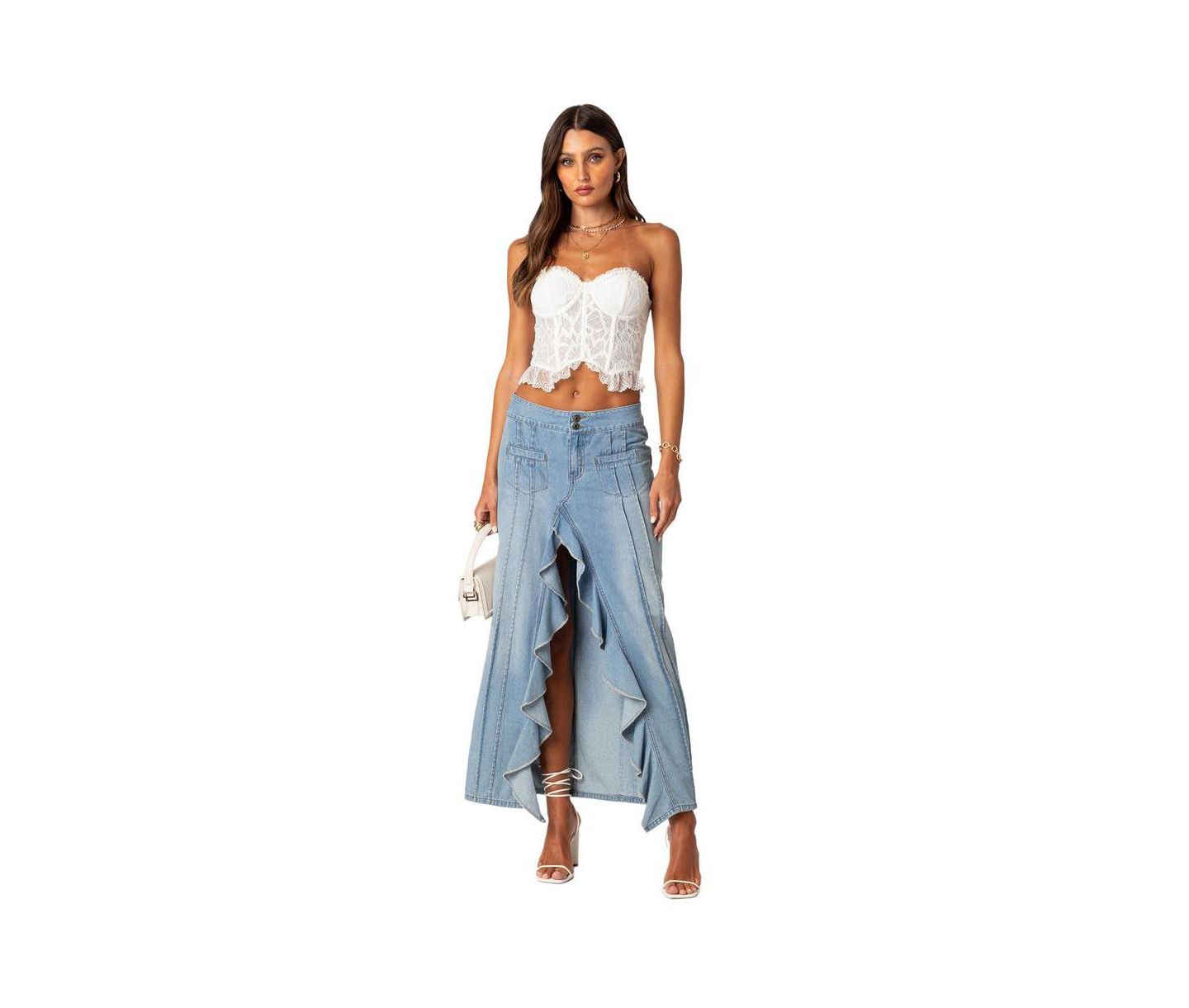 Женская юбка Edikted Valencia Ruffle Slitted Denim Maxi, цвет: Синий — фото 2