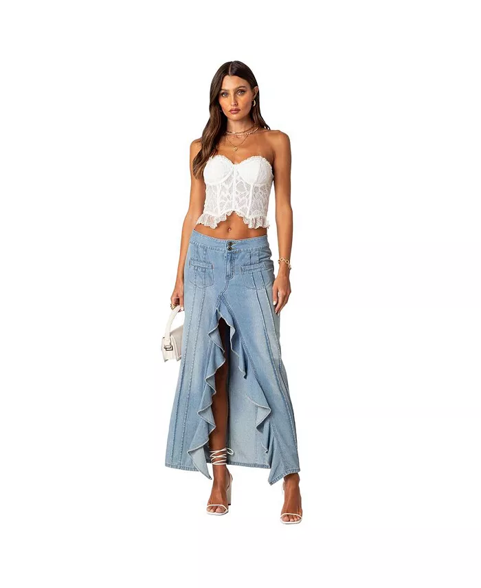Women's Valencia Ruffle Slitted Denim Maxi Skirt - thumbnail 2