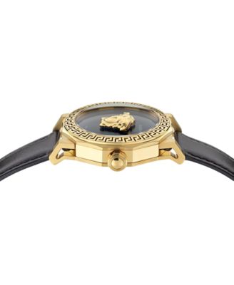 Women's Swiss Medusa Deco Black Leather Strap Watch 38mm