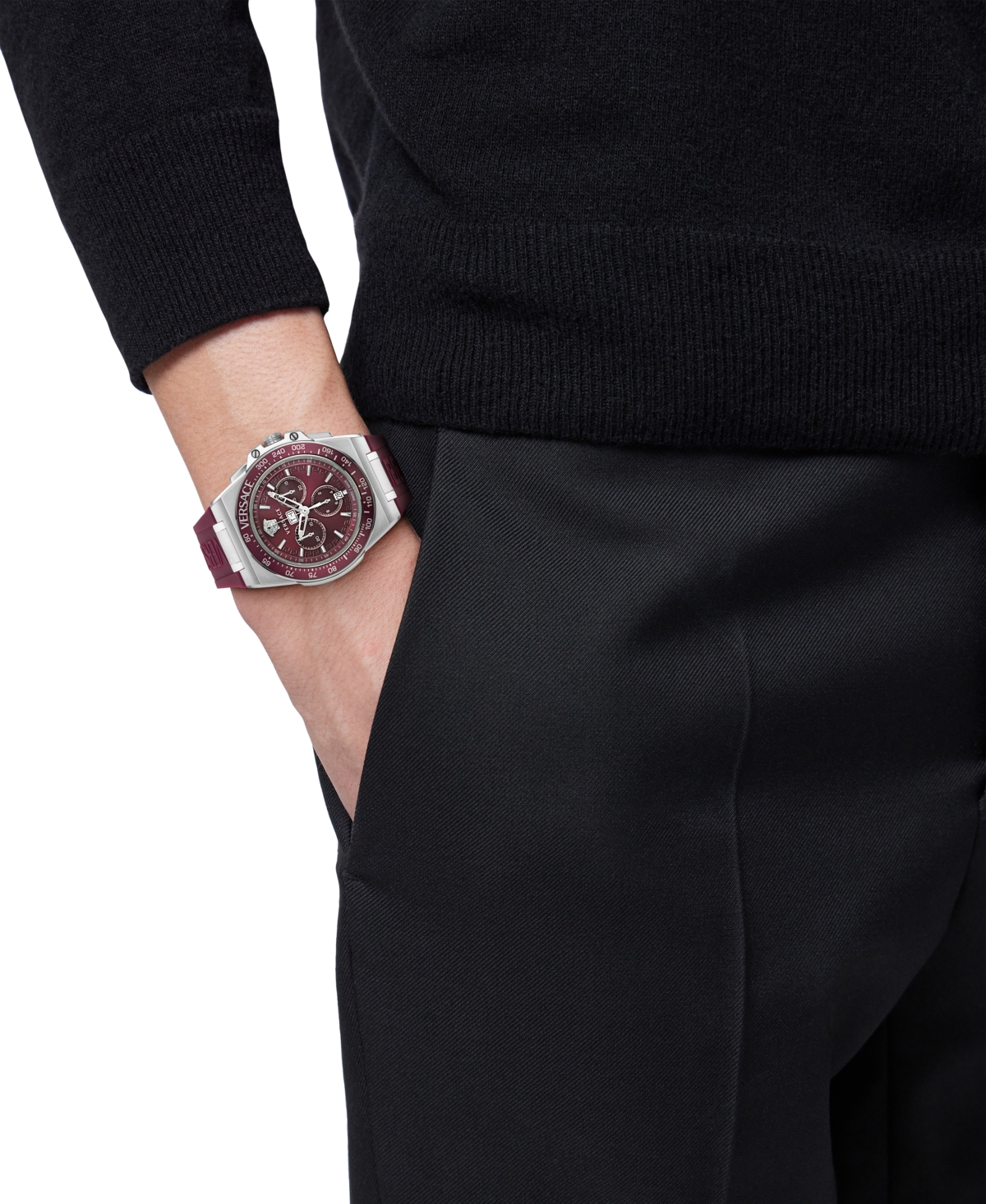 Shop Versace Men's Swiss Chronograph Greca Extreme Burgundy Silicone Strap Watch 45mm In Stainless Steel