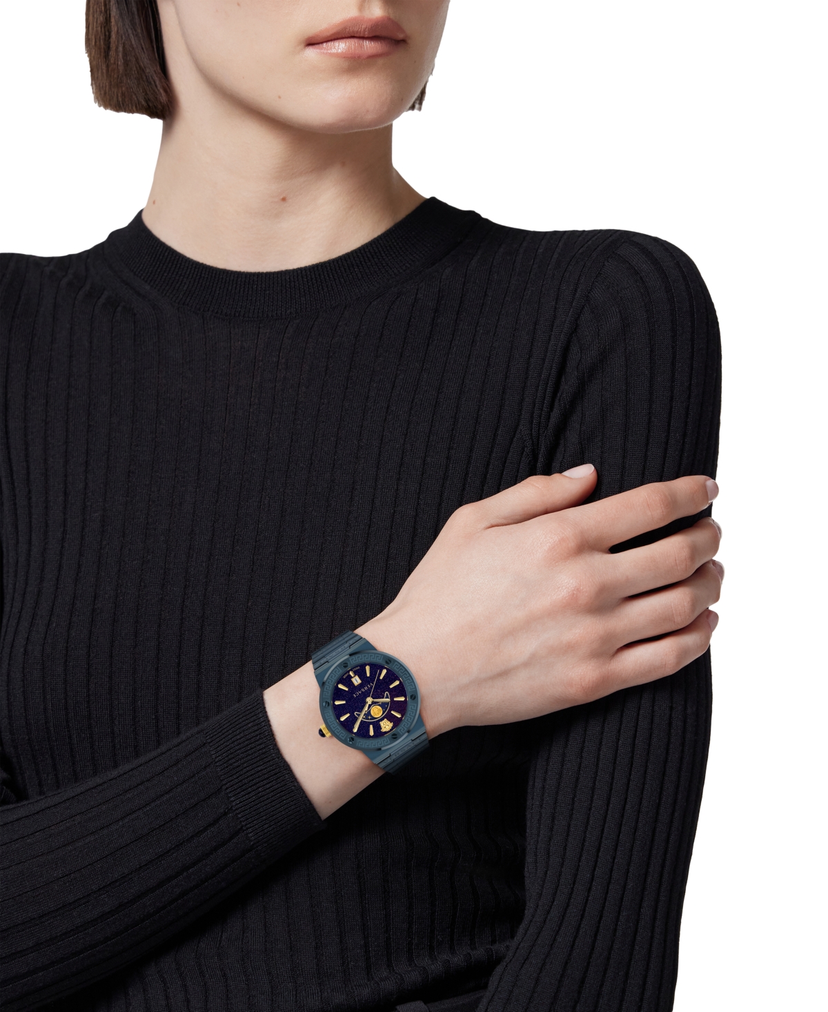 Shop Versace Women's Swiss Greca Logo Blue Ion Plated Stainless Steel Bracelet Watch 38mm In Ip Blue