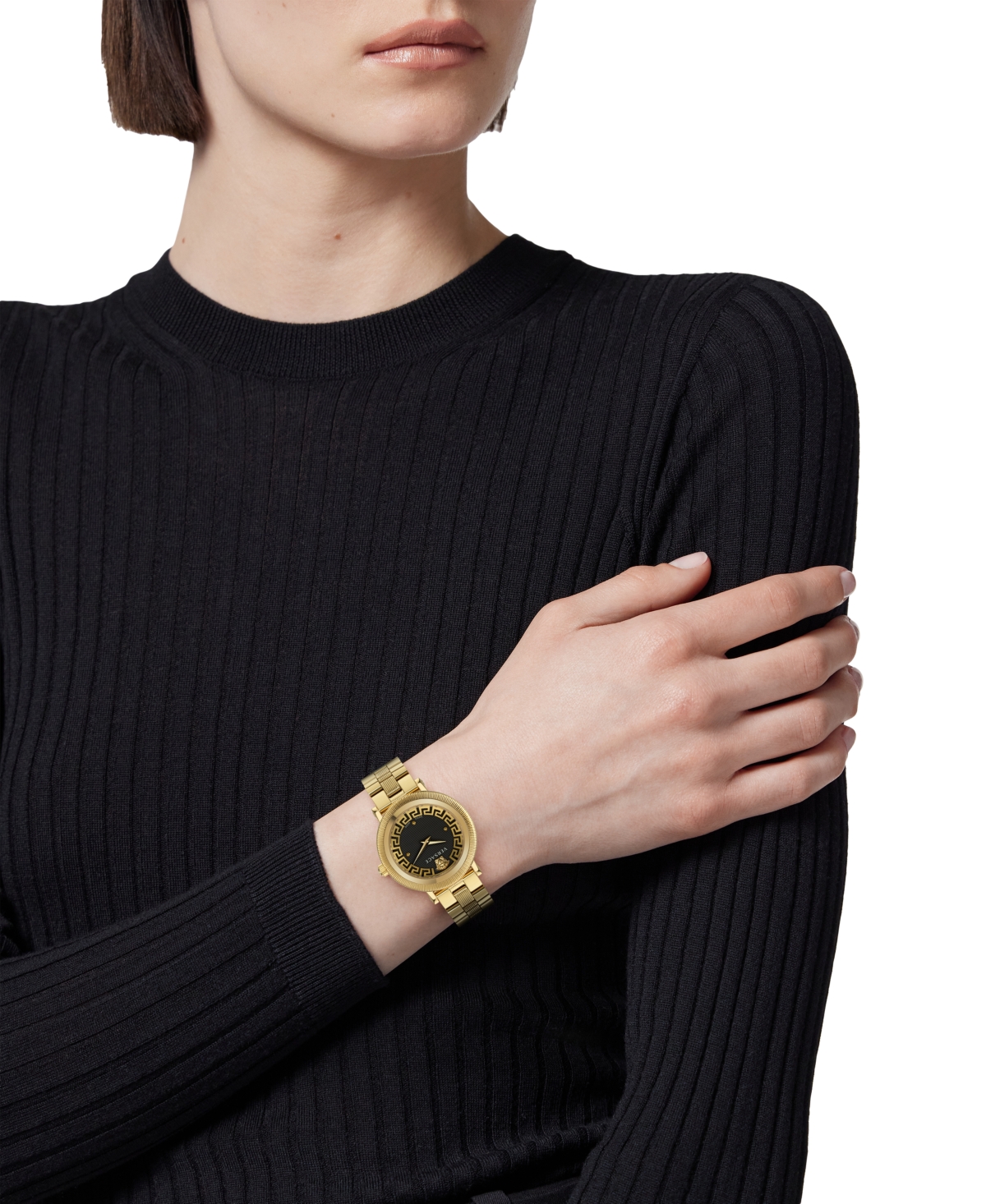 Shop Versace Women's Swiss Greca Flourish Gold Ion Plated Stainless Steel Bracelet Watch 35mm In Ip Yellow Gold