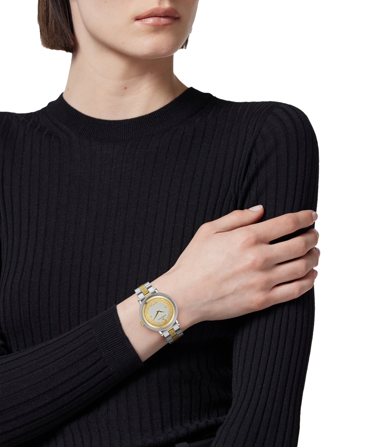 Shop Versace Women's Swiss Greca Flourish Two-tone Stainless Steel Bracelet Watch 35mm In Two Tone