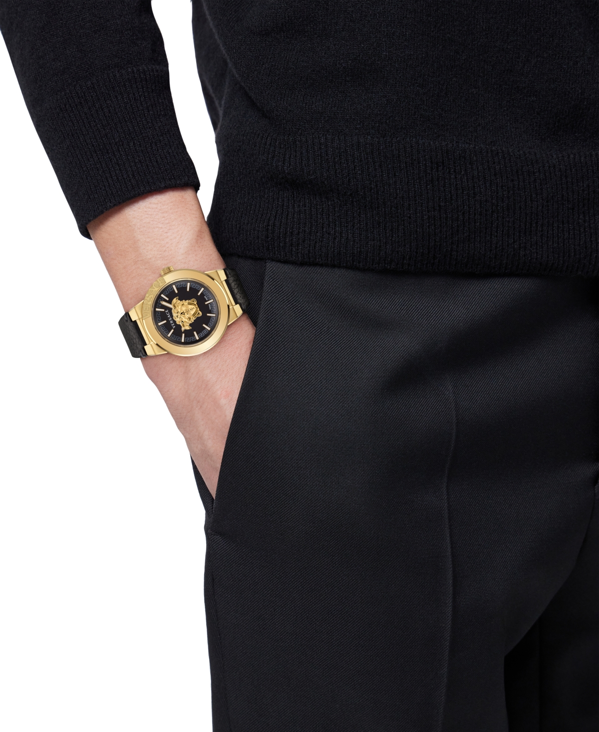 Shop Versace Men's Swiss Medusa Infinite Black Leather Strap Watch 47mm In Ip Yellow Gold