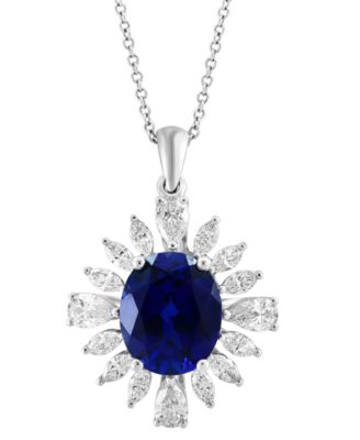 EFFY&reg; Lab Grown Sapphire (4-1/2 ct. t.w.) & Lab Grown Diamond (1-3/4 ct. t.w.) Starburst Halo 18" Pendant Necklace in 14k White Gold
