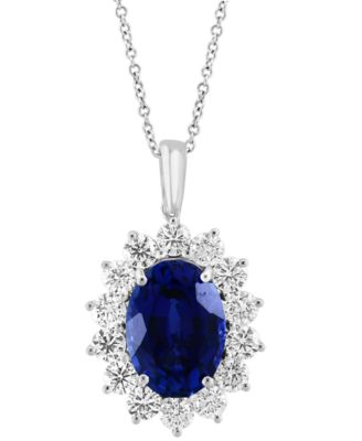 EFFY&reg; Lab Grown Sapphire (6-1/5 ct. t.w.) & Lab Grown Diamond (2-1/20 ct. t.w.) Halo 18" Pendant Necklace in 14k White Gold