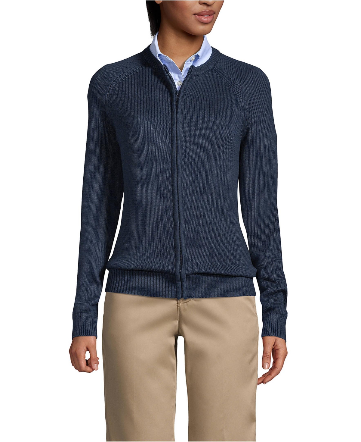 Lands End Women s School Uniform Cotton Modal Zip front Cardigan Sweater Red Smart Closet