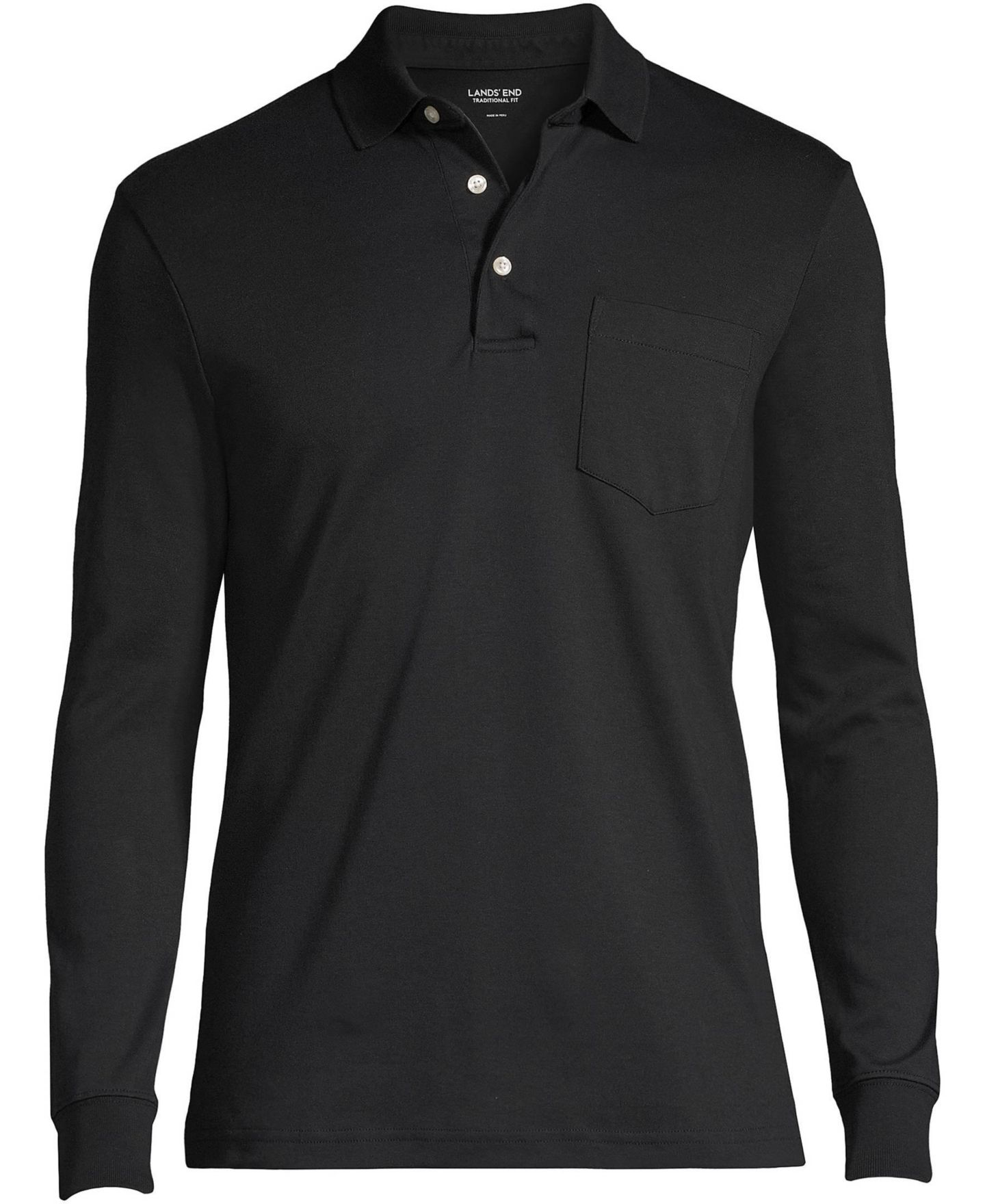 Мужское поло Lands' End Big & Tall Long Sleeve Cotton Supima Polo Shirt with Pocket, цвет: Чёрный — фото 2