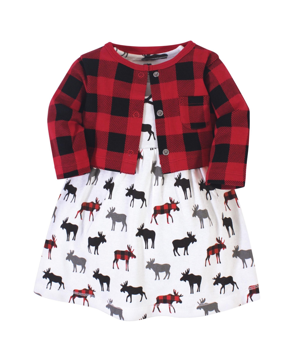 Hudson Baby Baby Girls Hudson Cotton Dress and Cardigan 2pc Set - Buffalo plaid moose